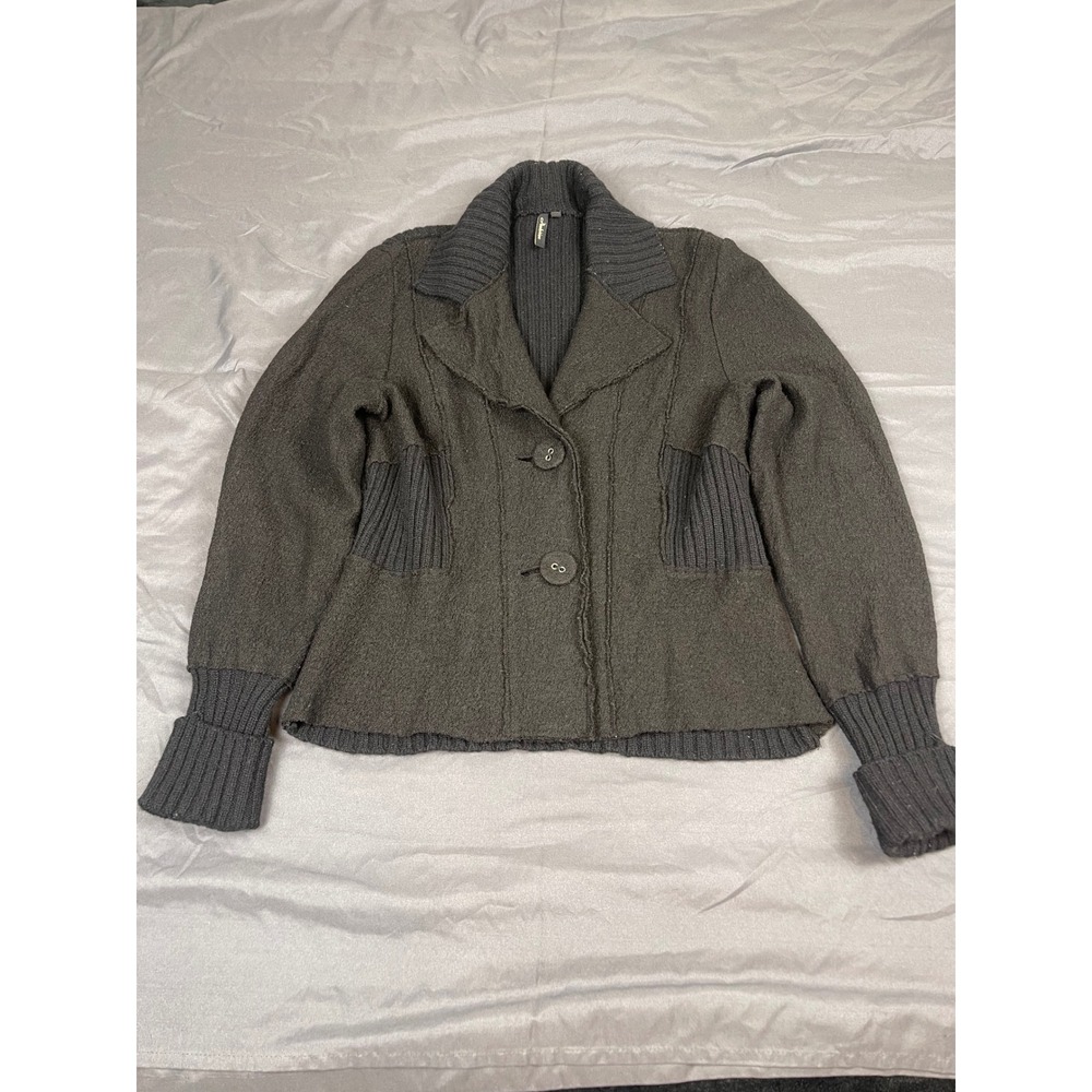 Ambition Wool Blend Ribbed Mixed Media Button Front Cardigan Jacket Charcoal M